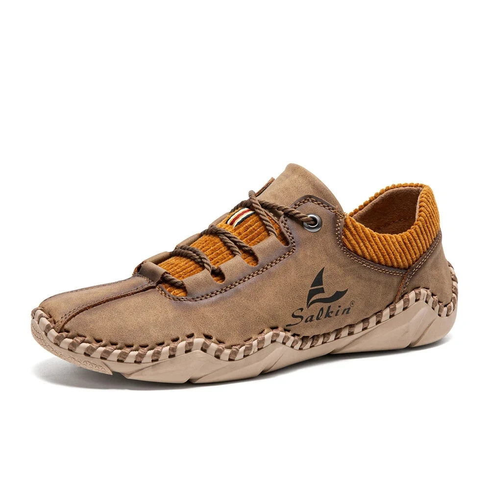 ABFUBER Men Spring-Autumn Brown Handmade Round Toe Lace-Up Breathable Split Leather Moccasins Massage Rubber Outsole Cushioned Flat Loafers /Colors-Brown/Green/Black