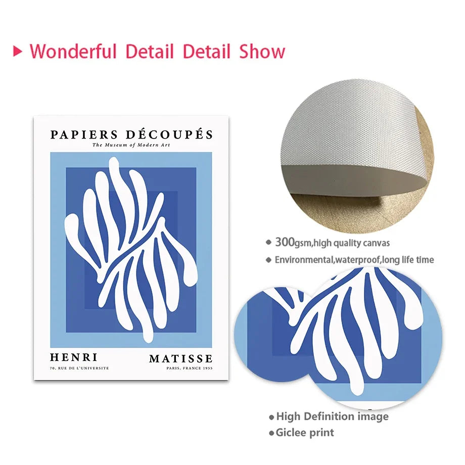 No-EN-Name-Null Modern Waterproof Ink Unframed Rectangle Canvas Blue-White Henri Matisse Bauhaus Picasso Floral Coral Leaves Art Prints/Many Sizes/Colors-Blue/White/Geometric/Multicolor/Floral