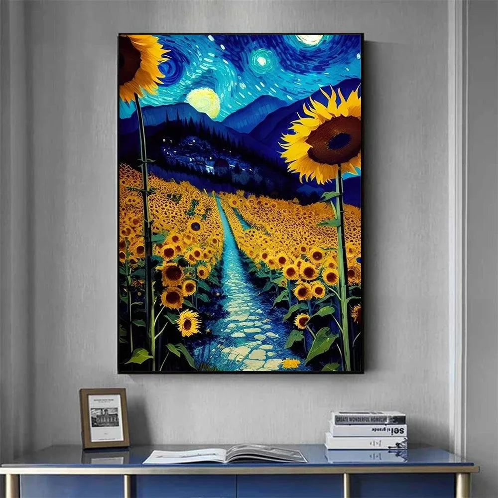 No-EN-Name-Null Modern Multicolor Rectangle Unframed Oil Canvas Van Gogh Sunflower Flower-Starry Sky Art Floral Landscape Prints/Colors-Multicolor/Yellow/Blue/White/Floral