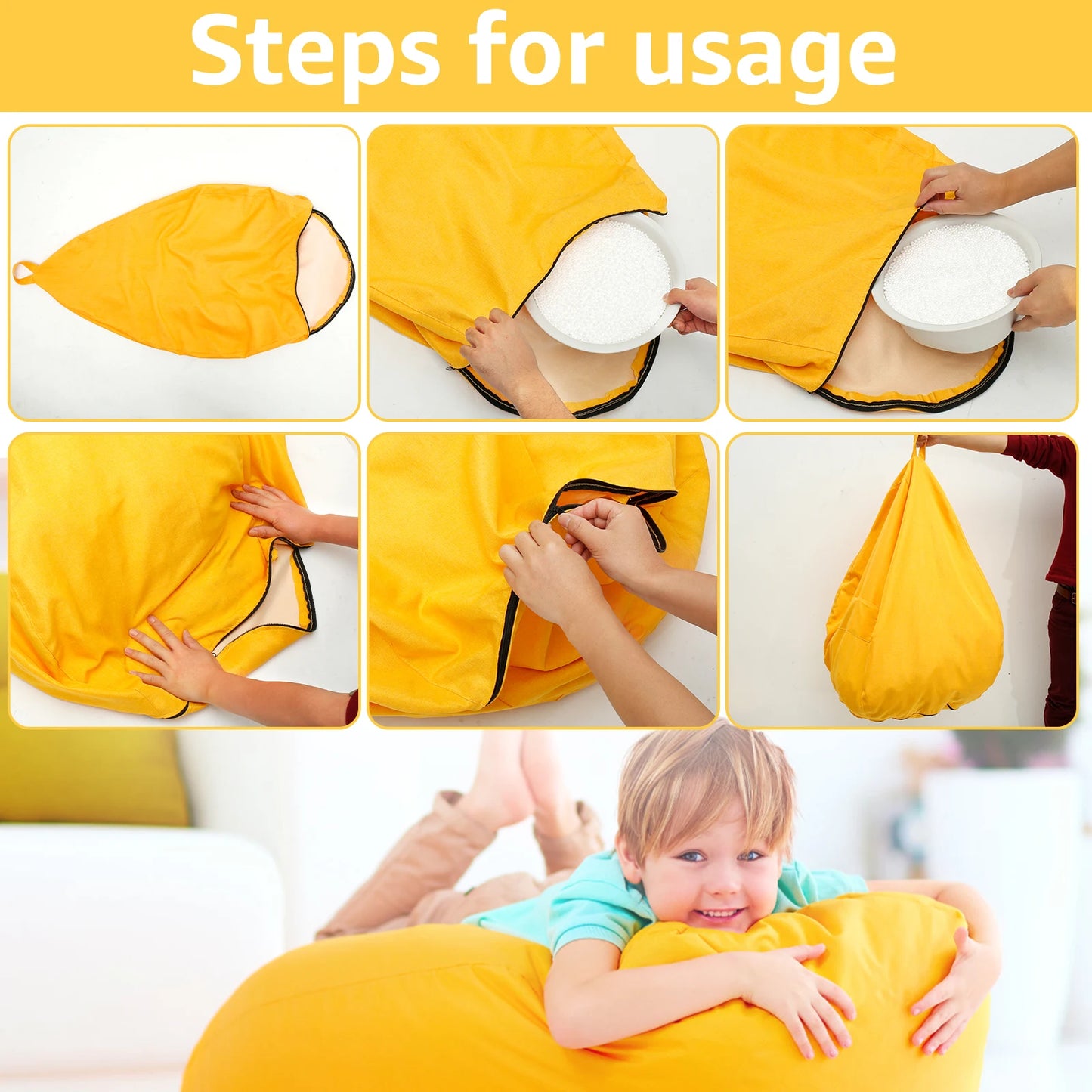 No-EN-Name-Null Soft Comfortable Upholstered PS Polyester Fabric Large Bean Bag COVERS / NO FILLING /Colors-Yellow/Blue/Gray /Purple