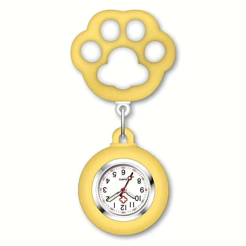 RUNERR Adults Waterproof Quartz Metal Alloy Round Shaped Glass Face Digital-Analog Display Retractable Cute Cartoon Pink Cat Paw Silicone Cover Clip-On Nurse-Doctor-Paramedic Fob Pocket Watches/Colors-Pink/Light Blue/Yellow/White