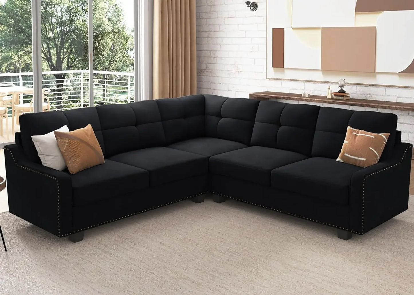 No-EN-Name-Null Modern Medium Firmness L-Shaped Wood Framed Sectional Soft Plush Velvet Fabric Cushions Sofas/Colors-Black/Dark Blue/Dark Gray/Size: (D x W x H): 82.7 x 82.7x 36.2 inches/Weight Capacity: 1,488 lbs