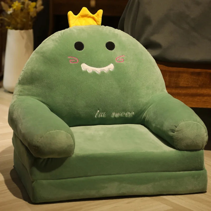 MDNG Modern Kids Customized Upholstered Padding Cute Soft Gray Velvet Fabric Cartoon Animal Faces Folding-Out Play Arm Chairs/Sponge Filling/Colors-Green/Pink/Yellow/Gray/Animals