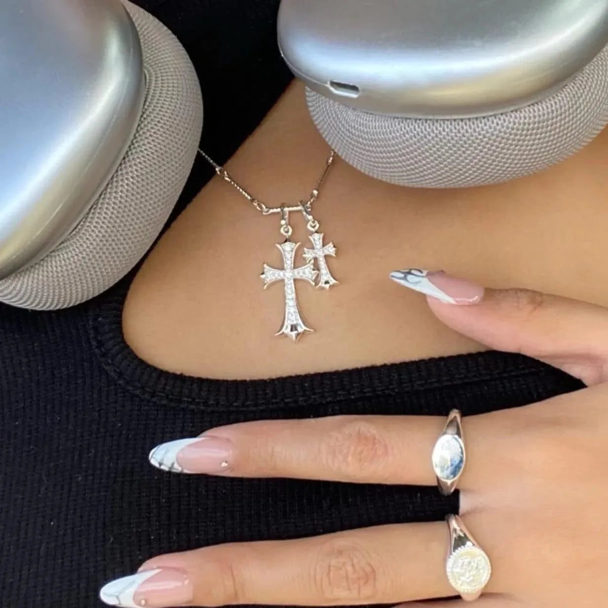No-EN-Name-Null Women Fine Imitation 18K Gold-Plated Brass Metal Clear White Shiny Diamond-Like Stones Two Cross Pendants Chain Lobster Clasp Necklaces