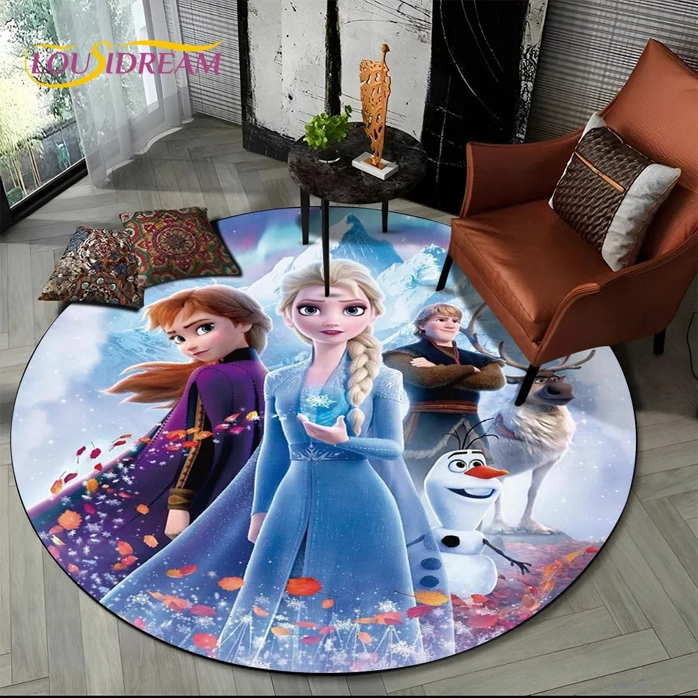 MINISO Indoor-Outdoor Kids Blue Background Round Shaped DISNEY'S Frozen II Movie Cartoon Anime Princess Elsa-Anna-Olaf Design Skid-Proof Bottom Polyester-Flannel Rugs/Colors-Blue/Red/Black/White