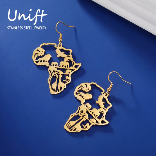 UNIFT Women Stainless Steel Metal Imitation Gold-Plated Africa Safari Animals Map Drop Earrings/Colors-Gold/Multicolor/Animals