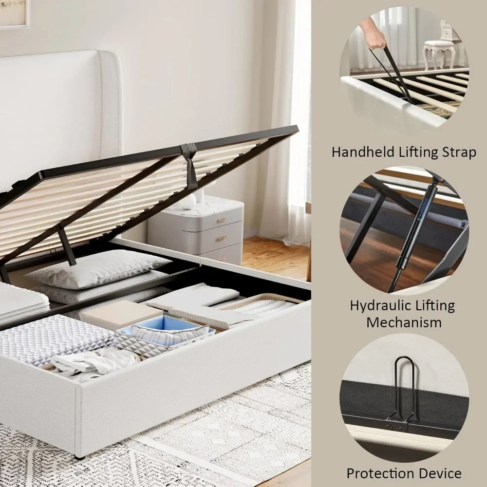 ANGDUO Modern Lift Up Upholstered High Wingback Linen Fabric Headboard Metal Frame King Size Platform Beds/Large Hydraulic Storage/No Box Spring Needed/ Dimensions: 84.25"L x 80.51"W x 51.18"H/Colors-White/Beige/Gray