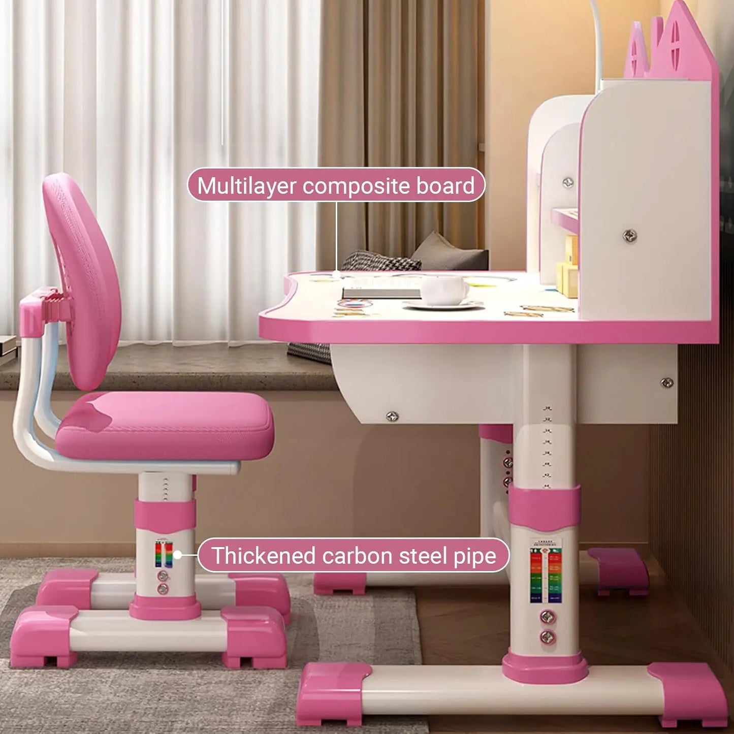 XMSJ Modern Kids Cartoon Theme Pink-White Metal Frame Height Adjustable Thick Desk-Chair Office Furniture Sets/Adjustable Shelves/Drawer/Storage Options/Assembly Required