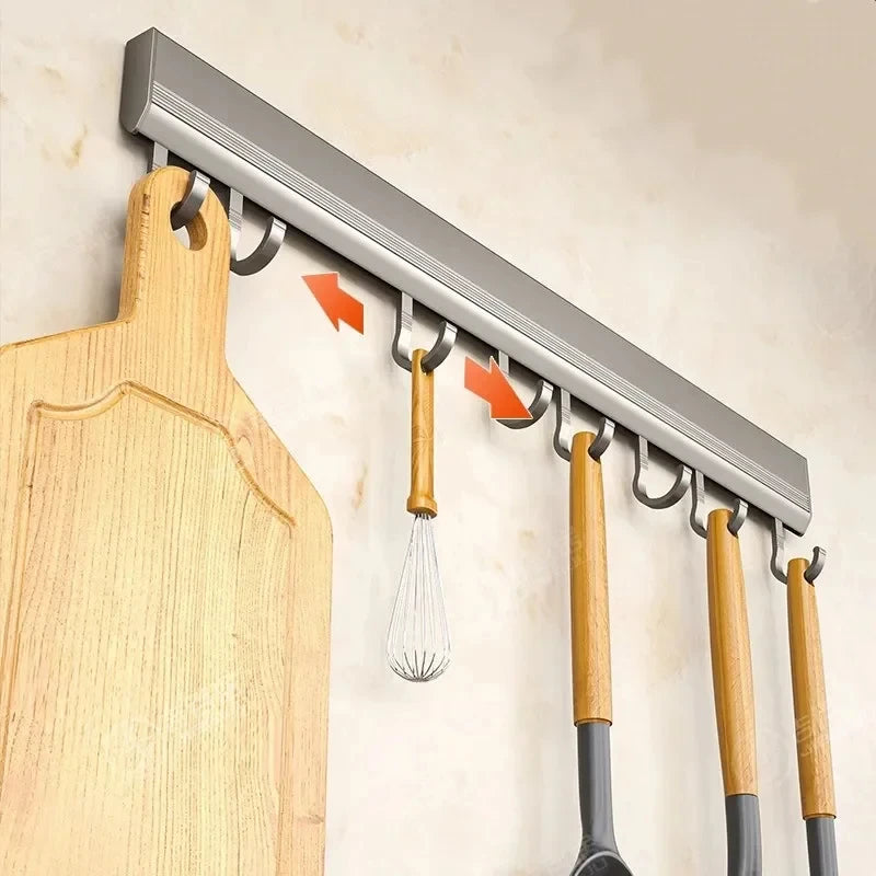 Kitchen Wall Mounted Sliver Gray Aluminum 4-10 Adjustable Inserted Rubber Rings Hooks Utensil Utility Racks/ Use Super Glue-Only Suitable For Smooth Non-Porous Surfaces