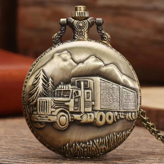 No-EN-Name-Null Adults Men Antique Quartz Analog Display Glass Face Round Shaped Metal Alloy Case Bronze Engraved 18 Wheeler Trucker Steampunk Bronze Chain-Pocket Watches