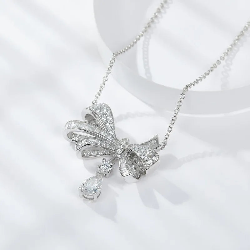 Follow-Cloud Adult Women Fine Sterling Silver Gold-Plated Metal Handmade Teardrop Moissanite In The Center Shiny Bowknot Circle Pendant Round Clear White Imitation Diamond Stone Necklaces