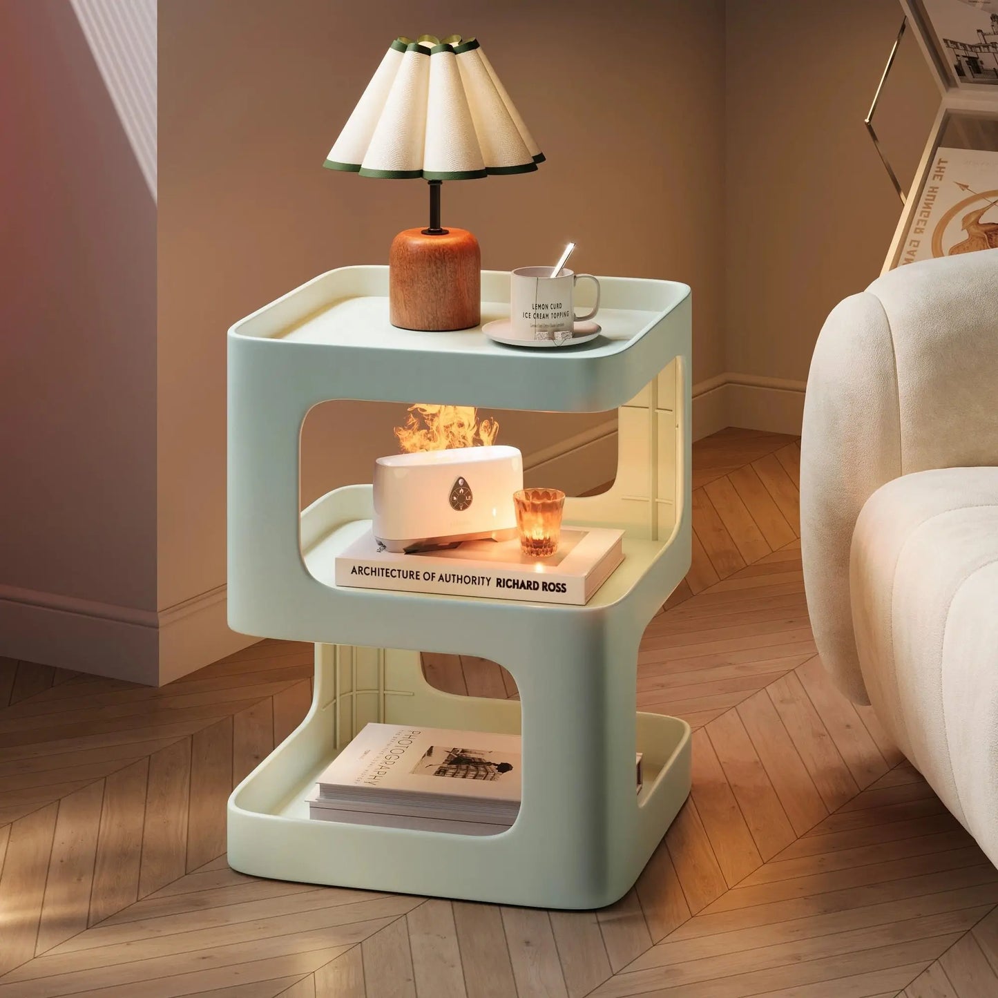 Modern Hallow-Out 2 Tier Super Heavy Duty White Plastic Square Shaped Curved Corners End Tables/Colors-Green/Black/White/ Size: 35cm x 35cm x 45cm
