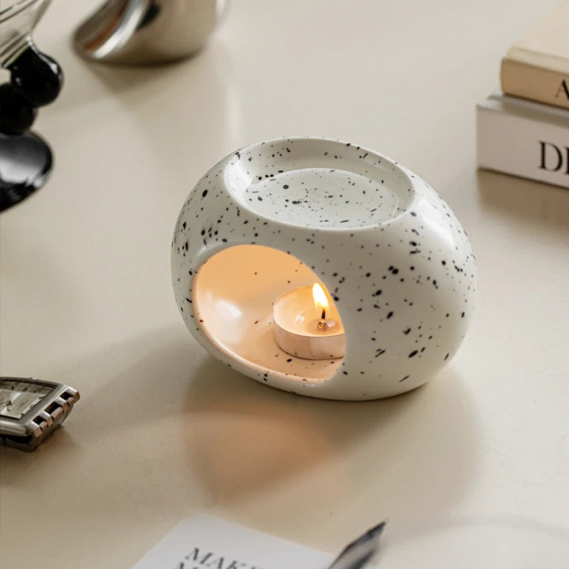 PDQ Modern Ceramic Black Speckled Dots-White Round Shaped Heating Aromatherapy Oil Plate Hallow-Out Tea Light Candle Holders