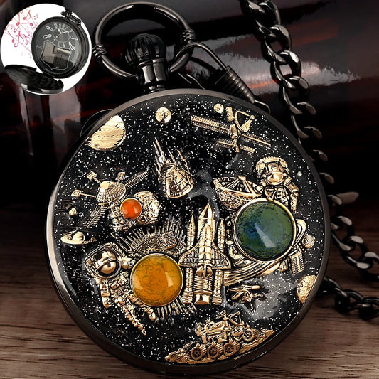 YISUYA Adults Men Quartz Acrylic Face Round Case Analog Display Black Background Gold Planets-Stars-Astronaut-Space Capsule-Shuttle-Satellites-Lunar Roving Vehicle Two Orange-Dark Green Stones Chain-Pocket Watches