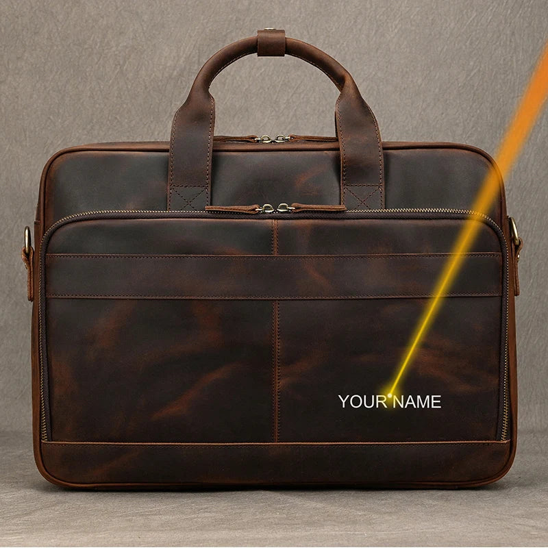 NEWSBIRDS Men Modern Rectangle Shaped Brown-Black Genuine Cowhide Leather Built-In 14-15.6 Inch Single Laptop Compartment Metal Zipper Two Handles-Detachable-Adjustable Shoulder Strap Briefcases