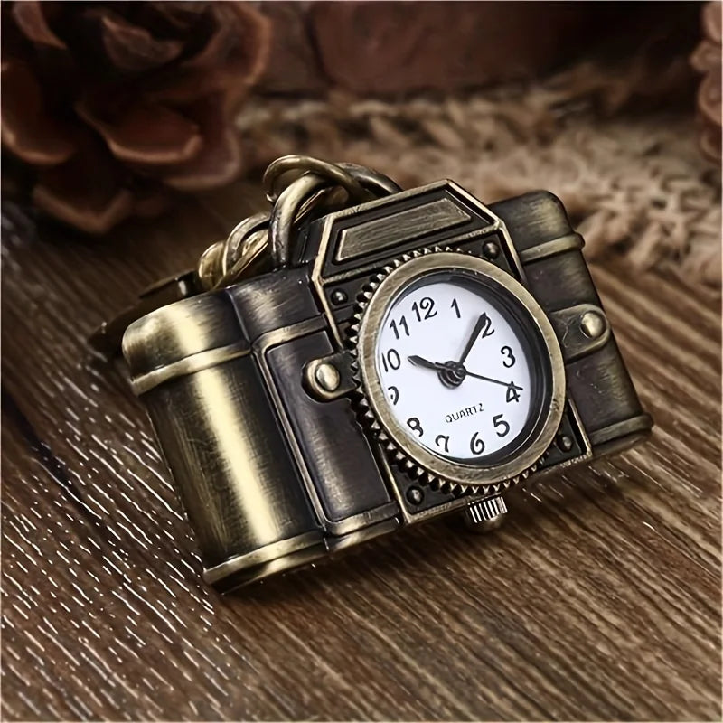 No-EN-Name-Null All Ages Adults Classic Antique Quartz Analog Display Brown-Bronze Cute Cartoon Retro Camera Shaped Design Backpack Keychain Pocket Watches