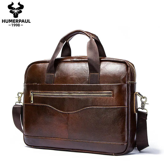 Men Cow Leather Briefcase Zipper Polyester Bags/Shoulder Straps-Handles/Laptop Compartment/Pockets/ Fits 13 Inch MacBook Air Laptop/Colors-Black/Brown