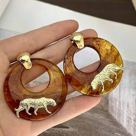 XIALUOKE Women Imitation European-American Geometric Round Stainless Steel Resin Flat Brown Hoop Gold-Platinum Metal Tiger Drop Earrings