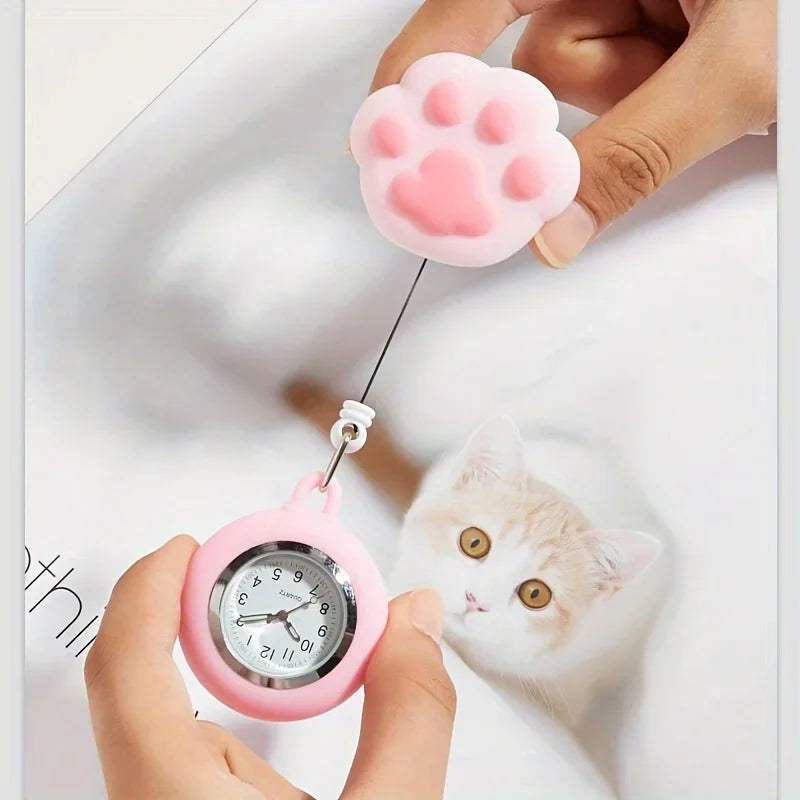 RUNERR Adults Waterproof Quartz Metal Alloy Round Shaped Glass Face Digital-Analog Display Retractable Cute Cartoon Pink Cat Paw Silicone Cover Clip-On Nurse-Doctor-Paramedic Fob Pocket Watches/Colors-Pink/Light Blue/Yellow/White
