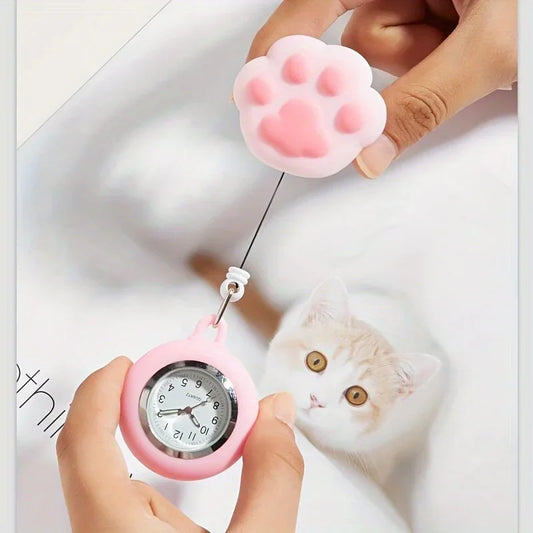 RUNERR Adults Waterproof Quartz Metal Alloy Round Shaped Glass Face Digital-Analog Display Retractable Cute Cartoon Pink Cat Paw Silicone Cover Clip-On Nurse-Doctor-Paramedic Fob Pocket Watches/Colors-Pink/Light Blue/Yellow/White