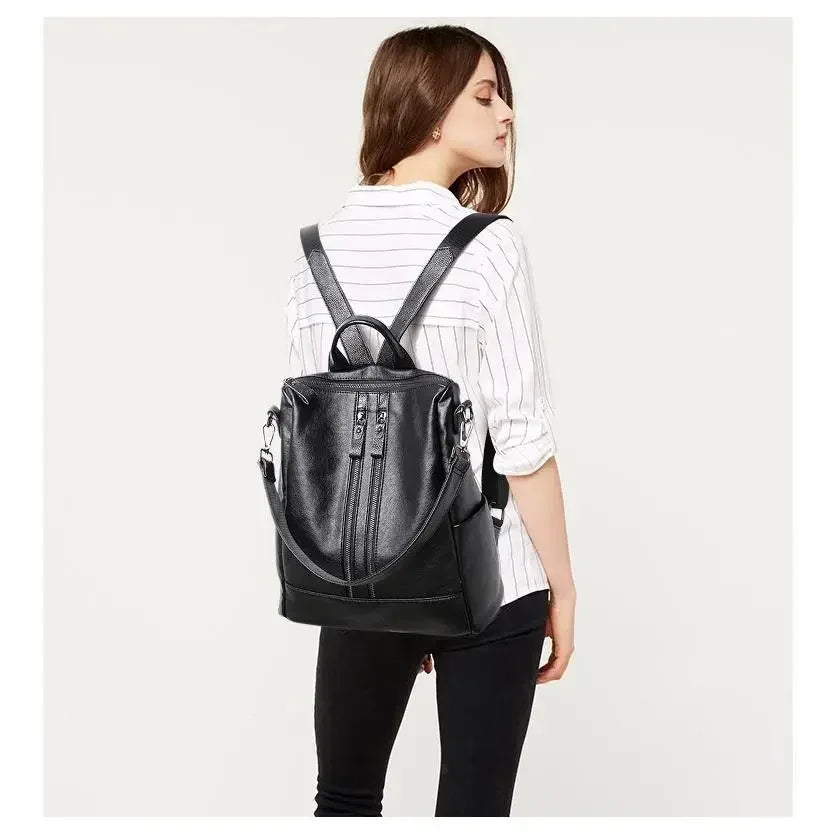 No-EN-Name-Null Women Lightweight Convertible Zippers Soft Black Faux Leather Travel Detachable Shoulder Straps-Two Handles Single 9-7 Inch IPAD Compartment Backpacks