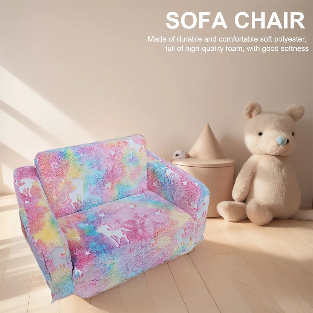 SHUNMAII Modern Babies-Toddlers Upholstered Sponge Padding One-Seat Glow-In-The-Dark-Stars-Half Moons-Clouds Design Soft Gray Polyester Fabric Fold-Out Armchair Play Sofas/Colors-Gray/Multicolor/Animals