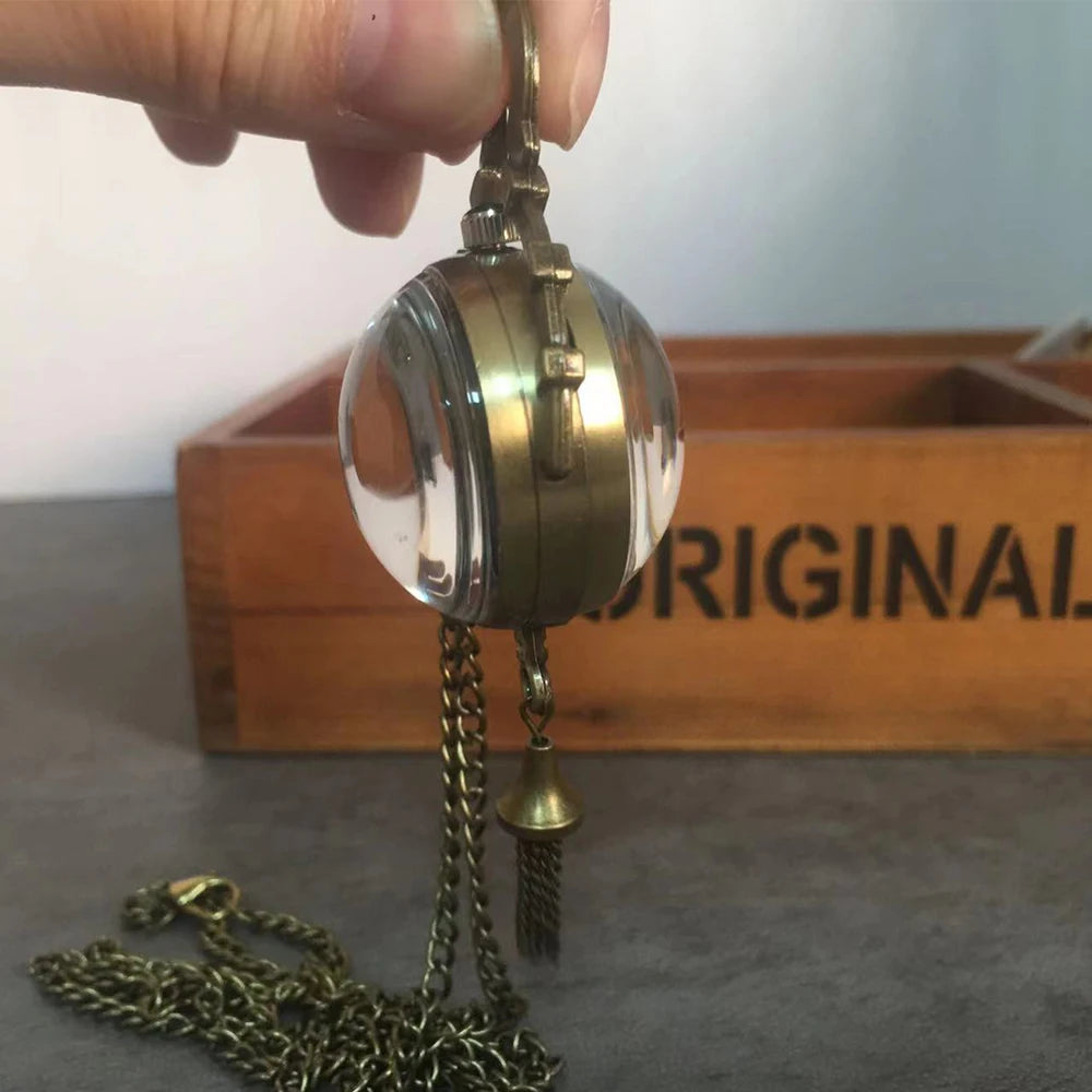 GORBEN Adults Unisex Antique Gold Round Shaped Analog Display Hand Winding Stainless Steel Metal Clear Transparent Eyeball Roman Numeral Mechanical Tassel Chain-Pocket Watches