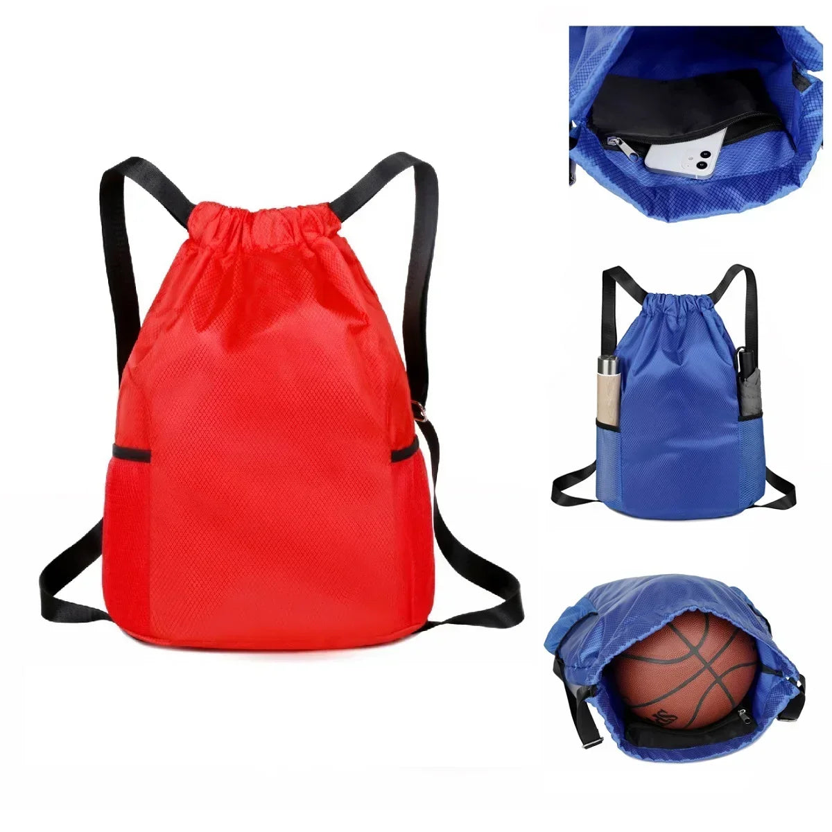 FANAN Outdoor Softback Blue Oxford Fabric Large Lightweight Polyester Lining Single Compartment Black Shoulder Straps-Handle External Double-Sided Pockets Single-Double Sports Drawstring Backpacks /Colors-Black/Blue/Yellow/Orange/Red