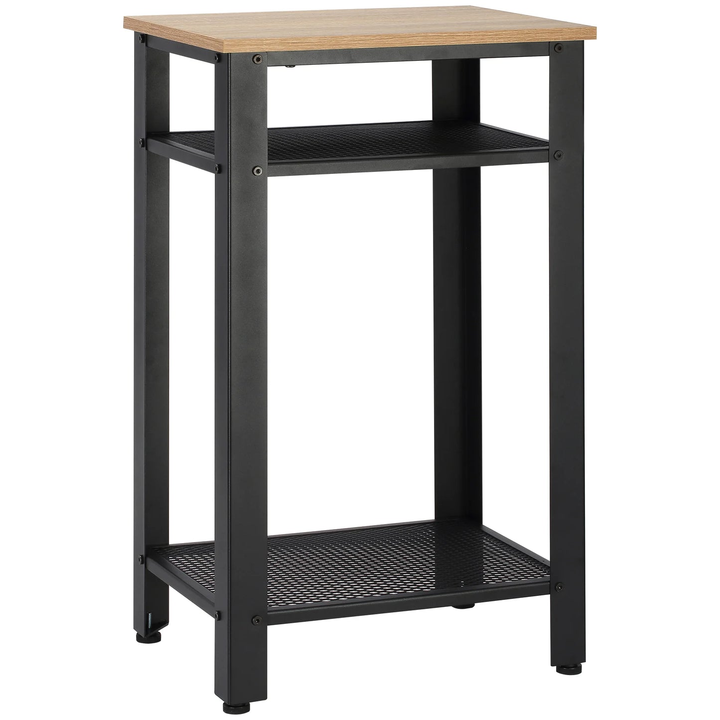 HOMCOM Modern Square Shaped Industrial Melamine Laminated Oak Wood Countertop Two Black Steel Metal Flat Shelves-Four Black Metal Legs Adjustable Feet Side End Tables