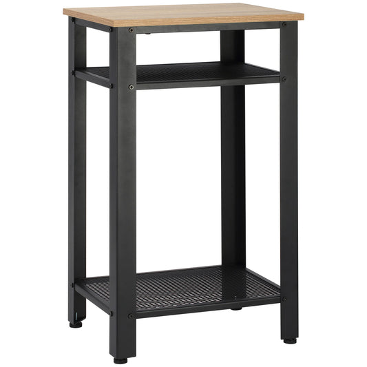 HOMCOM Modern Square Shaped Industrial Melamine Laminated Oak Wood Countertop Two Black Steel Metal Flat Shelves-Four Black Metal Legs Adjustable Feet Side End Tables