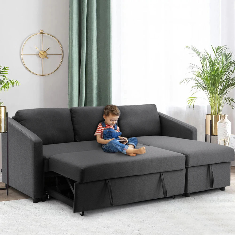 LIVING AND HOME Modern Medium Firm L-Shaped Soft Comfortable Three-Seater Dark Gray Upholstered Padded Hard-Wearing Fabric Foam Cushions Pull-Out Large Double Bed Sleeper With Wheels Wood Frame Left Hand Sectional Sofas/ Hidden Storage