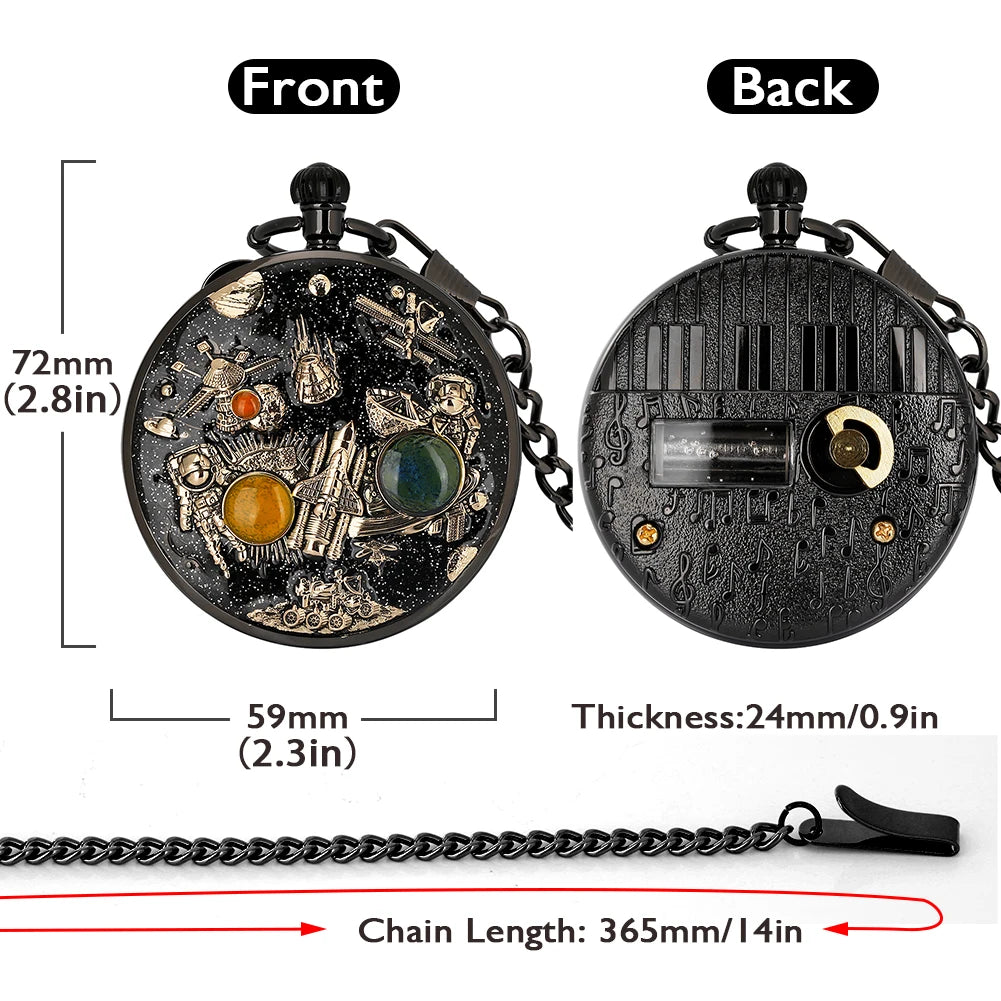 YISUYA Adults Men Quartz Acrylic Face Round Case Analog Display Black Background Gold Planets-Stars-Astronaut-Space Capsule-Shuttle-Satellites-Lunar Roving Vehicle Two Orange-Dark Green Stones Chain-Pocket Watches