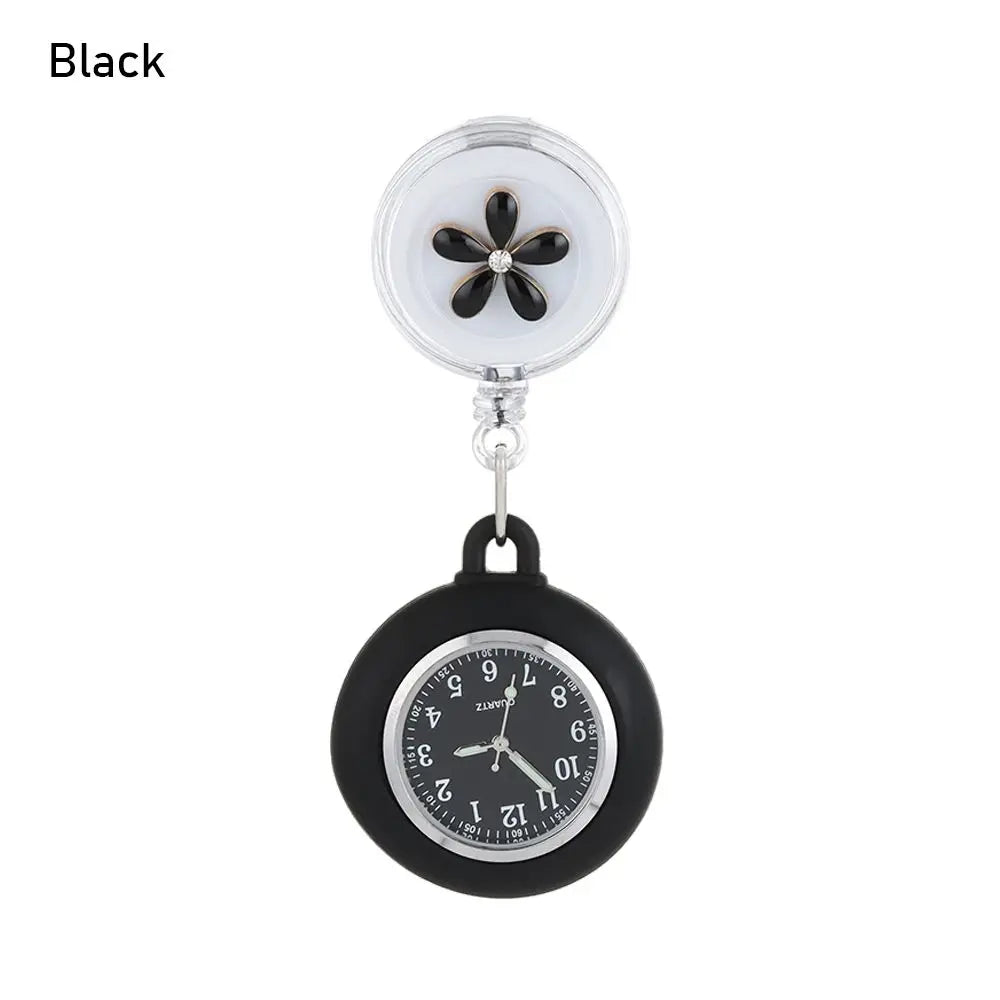 No-EN-Name-Null Adults Waterproof Glass Face Round Shaped Quartz Digital-Analog Display Nurse-Doctor Cute Flower Design Pink Silicone Cover Metal Alloy Case Clip-On Retractable Fob Pocket Watches/Colors-Pink/Black/Blue/White