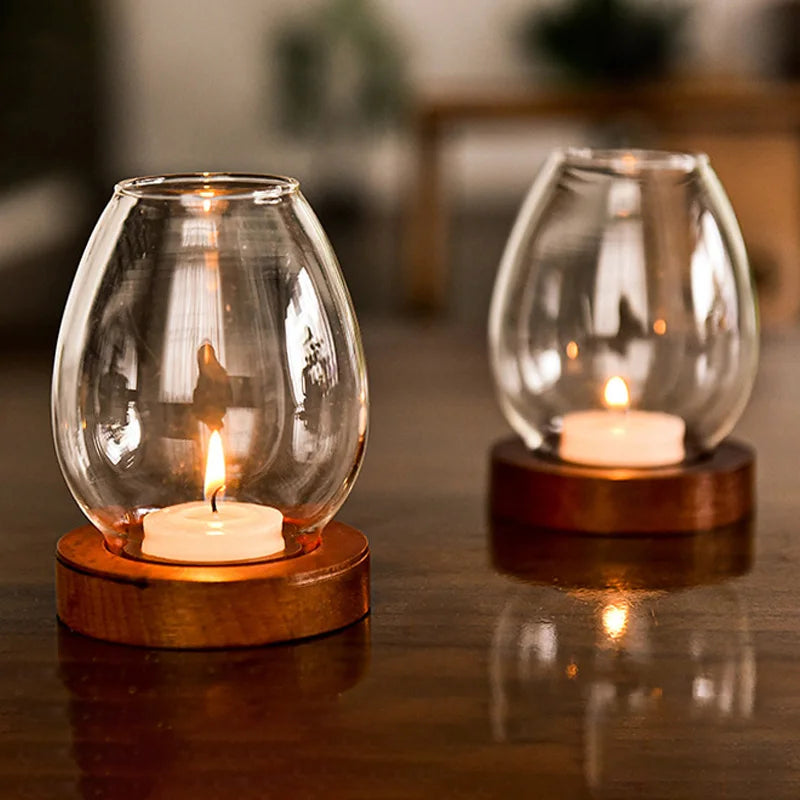 No-EN-Name-Null Modern Vintage Clear Transparent Round Glass Shade-Round Brown Wood Base Windproof Big Tealight Candle Holders