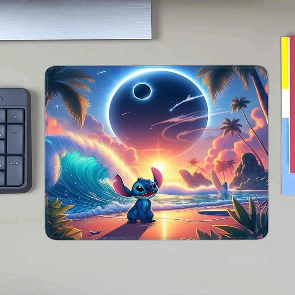 MINISO HD Printed Non-Toxic Small Blue-Multicolor Rectangle Thermal Transfer Anime Cartoon Stitch-Lilo In Space-Planets-Stars Themes Soft Non-Slip Natural Rubber Bottom Sealing Edges Computer Gaming Mouse Pads