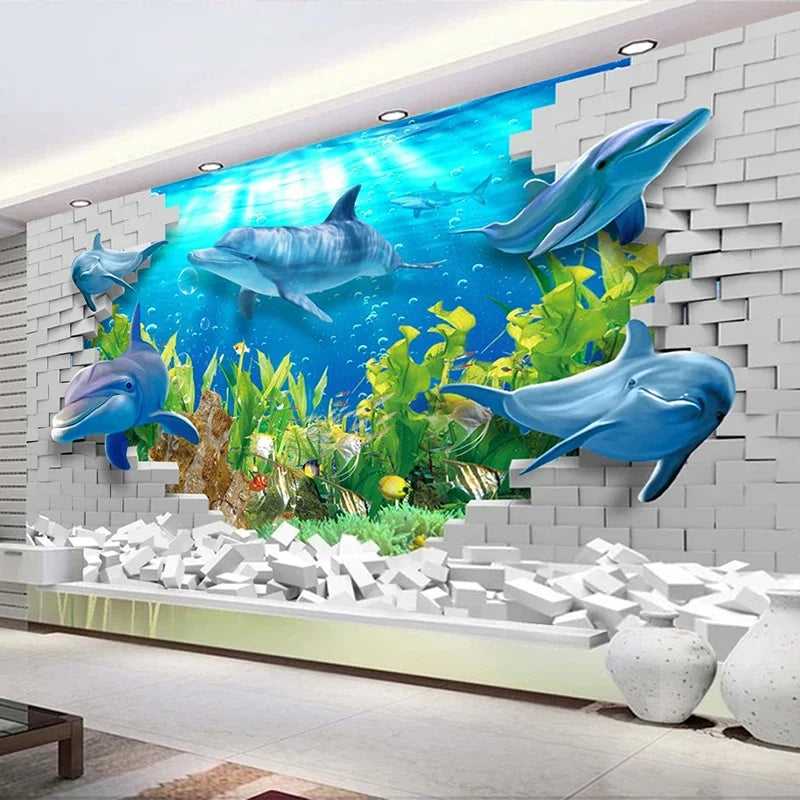 JIADOU Waterproof 3D Printed Sea-Dolphin-Floral Custom Mural Self-Adhesive Plastic Canvas Wood Fiber Wallpaper