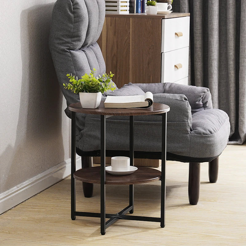 LIVING AND HOME Modern 2 Tier Small Round Shaped Brown Walnut Wood Top Compact Black Iron Metal Frame End Tables /Black Iron Base/ 40cm Table Top