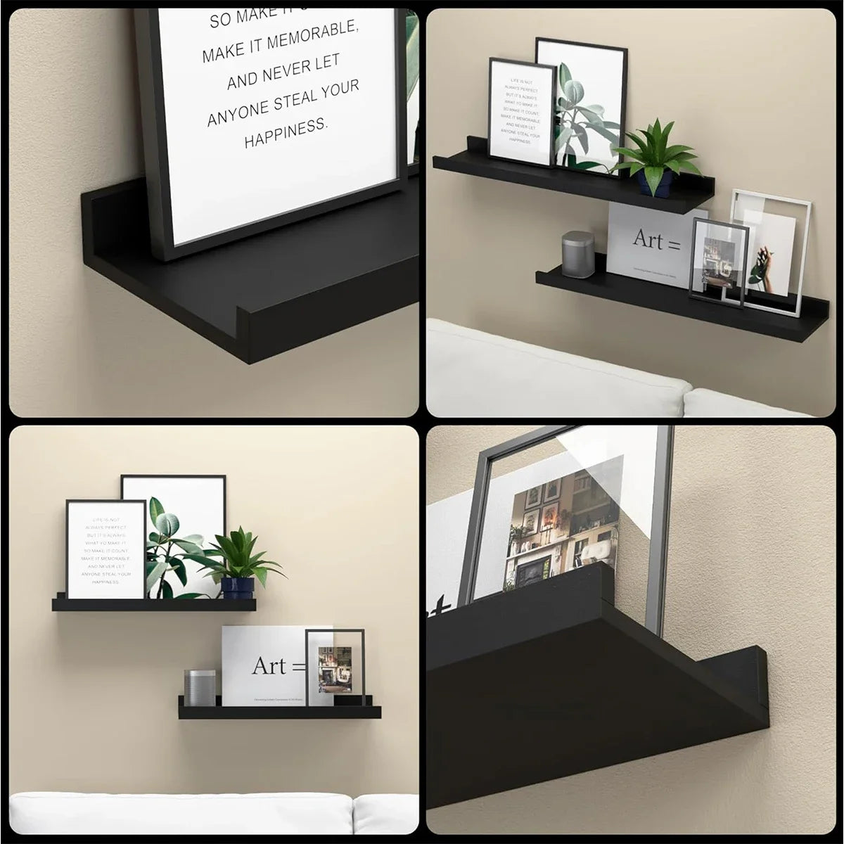 PDQ Modern 2 PCS Non-Folding Black Rectangle Shaped Wall-Mounted Wood Floating Shelves-Ledges /Colors-Black/White/Size: 35cm W x 13.8inch W