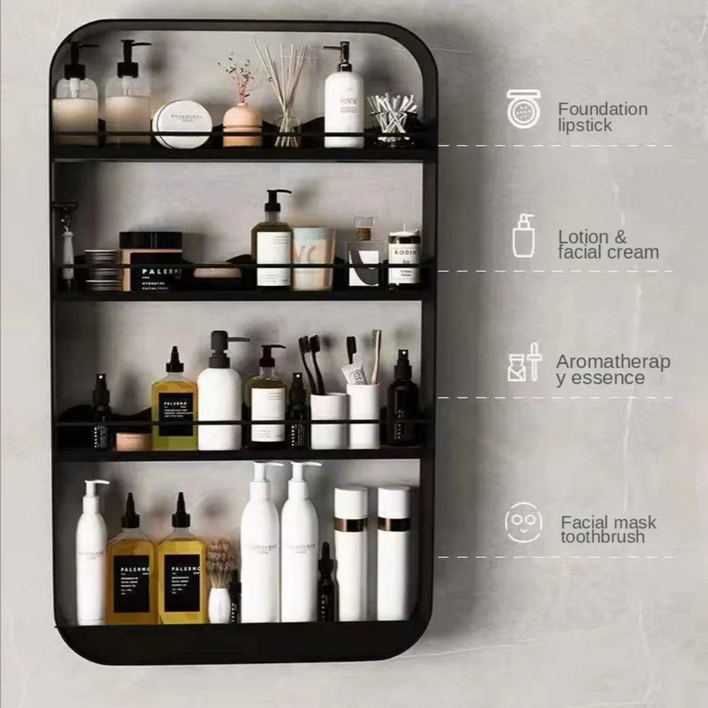 No-EN-Name-Null Modern White-Black Round Corners Vertical Rectangle Steel Metal Four Glass Shelves With Fence Bathroom Wall-Mounted Caddies/Ventilate-Drains