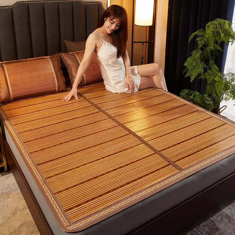GRASPDREAM Old Fashion Reversible Brown Rattan Bamboo Straw Double Bed Size Under Mattress Protectors/Colors-Brown/Beige/Striped