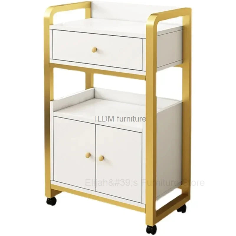 DUTRIEUX Modern White One-Storage Cabinet-Lockers Gold Iron Metal Frame Two Sliding Doors Four Black Plastic Wheel Trolley Carts/Colors-Gold/Brown/Black/White