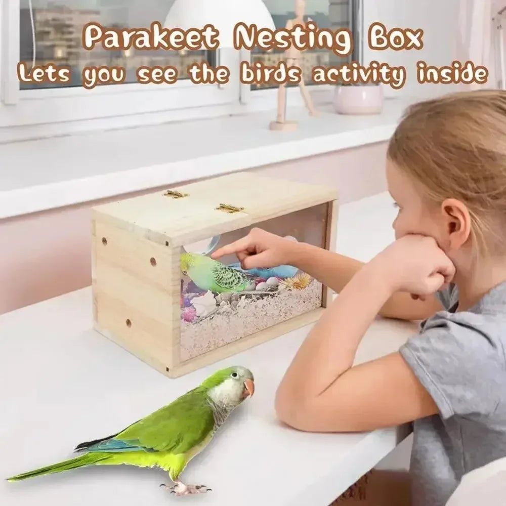 No-EN-Name-Null Natural Paulownia-Pine Wood Frame Clear Transparent Acrylic Panels Sides Rectangle Bird Breeding Box Bird Cage Accessories