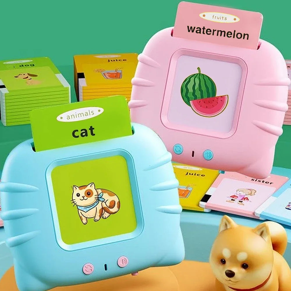 CHRIYUNGEL Kids Early Education English Talking Curved Edges Safe Non-Toxic Pink-Blue Plastic Square Built-In Battery Musical Electronic 112 Flashcards Audio Books Educational Flash Cards / USB Charging Cord/Ages: 3-8 Years Old