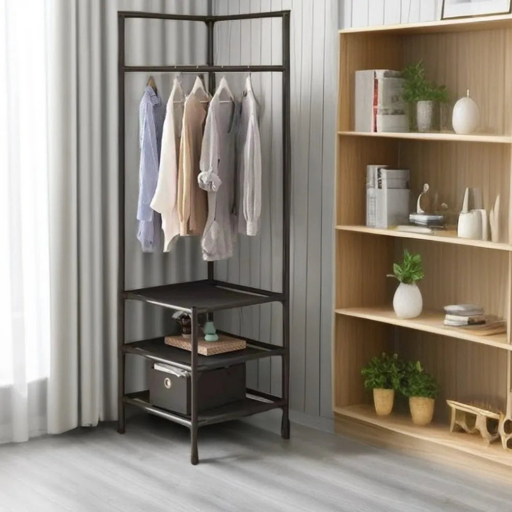 NULL Modern Black-White Hard Sturdy Plastic Tube Frame Non-Toppling Hanging Rod Top 2-3 Layer Shelves On Bottom Floor-Standing Foldable Corner Clothes Garment Racks