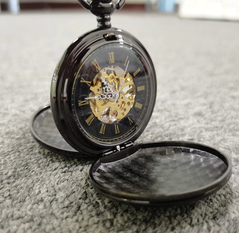 OHSEN Men Quartz Analog Display Acrylic Face Roman Numeral Stainless Steel Metal Round Case Double-Sided Skeleton Dial Transparent Back Cover Steampunk Mechanical Hand Wind Chain-Pocket Watches/Colors-Silver/Bronze/Gold/Black/Rose Gold