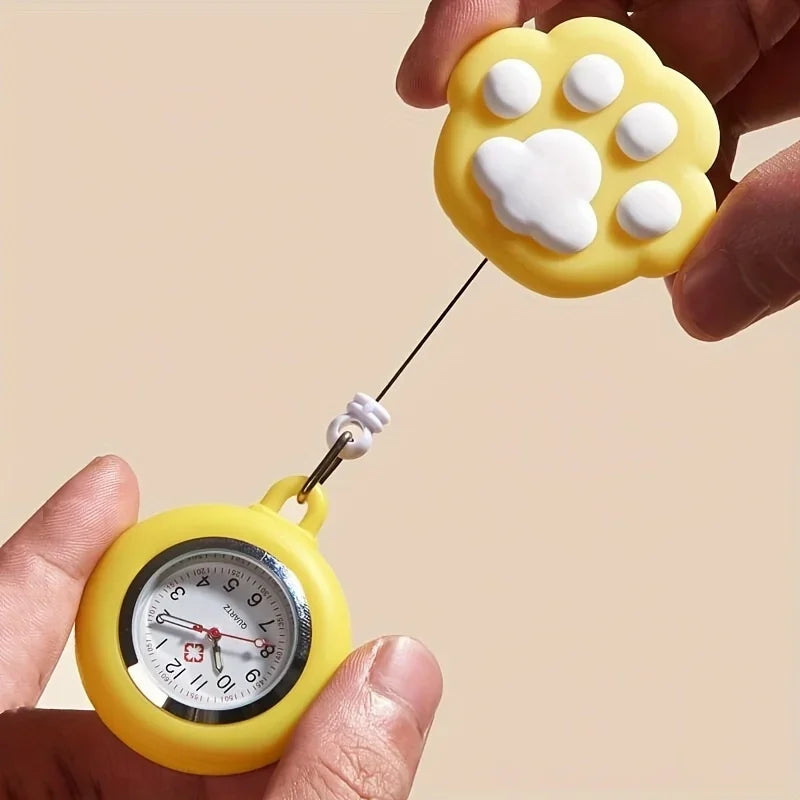 RUNERR Adults Waterproof Quartz Metal Alloy Round Shaped Glass Face Digital-Analog Display Retractable Cute Cartoon Pink Cat Paw Silicone Cover Clip-On Nurse-Doctor-Paramedic Fob Pocket Watches/Colors-Pink/Light Blue/Yellow/White