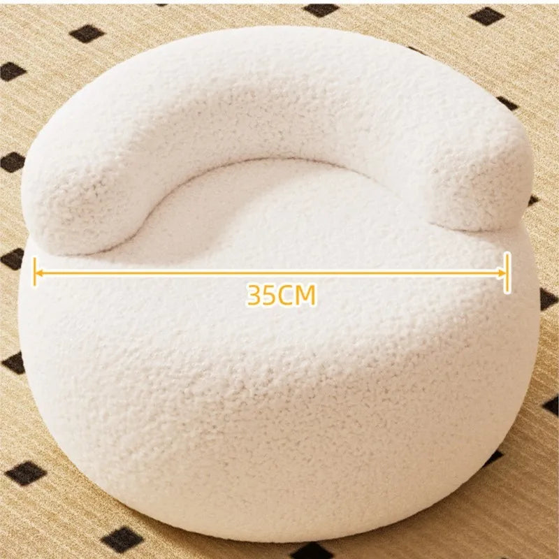 MLING Kids Modern Free-Standing Small Pink Round Shaped Low Curved C-Shaped Backrest Soft Comfortable Upholstered Padded Lamb Wool Fleece Fabric Cushions Solid Wood Frame Wear-Resistant Foot Pad Sofa Stool Ottomans/ Colors-White/Pink/Gray/Black