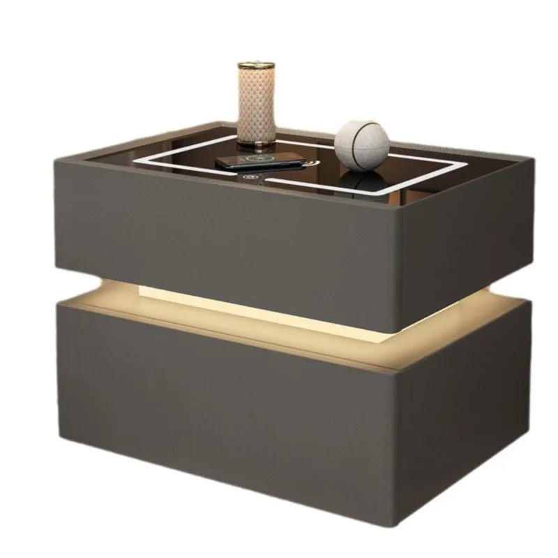 OMGD Modern Dark Gray Square Shaped Scratch-Resistant Black Glass Top Smart Touch Sensing-Password Lock Design Quick Wireless Charging-Listening Bottom Hidden Bluetooth Audio Speaker Lighted Solid Wood Nightstands/ Colors-Dark Gray/Light Gray/Khaki/White