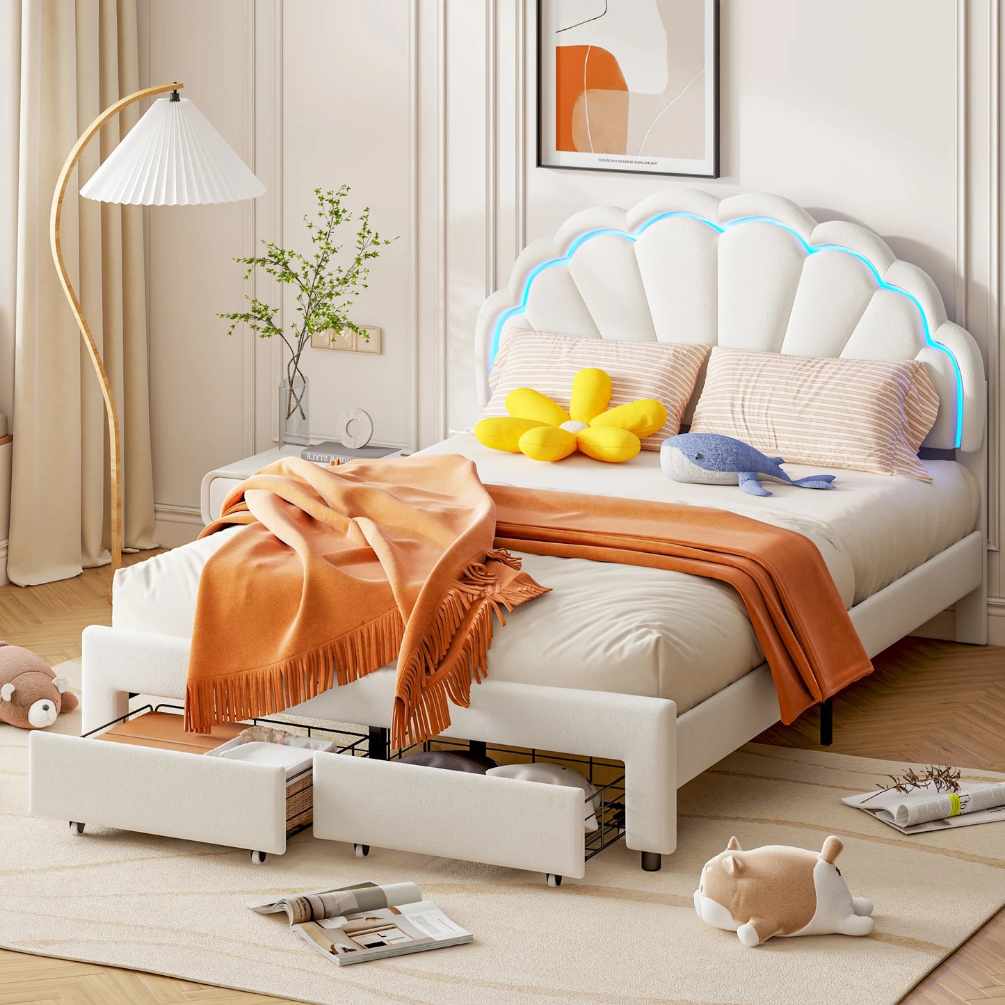 No-EN-Name-Null  Modern Upholstery Padded Flower Shaped Soft Velvet Headboard Platform Bed FRAMES / WITHOUT MATTRESS-DRAWER/ Headboard-Slats/Dimensions: 206cm L x 100cm W x 110.5cm H /Colors-Beige/Burgundy/Pink/ Load Capacity: 440.925 LBS