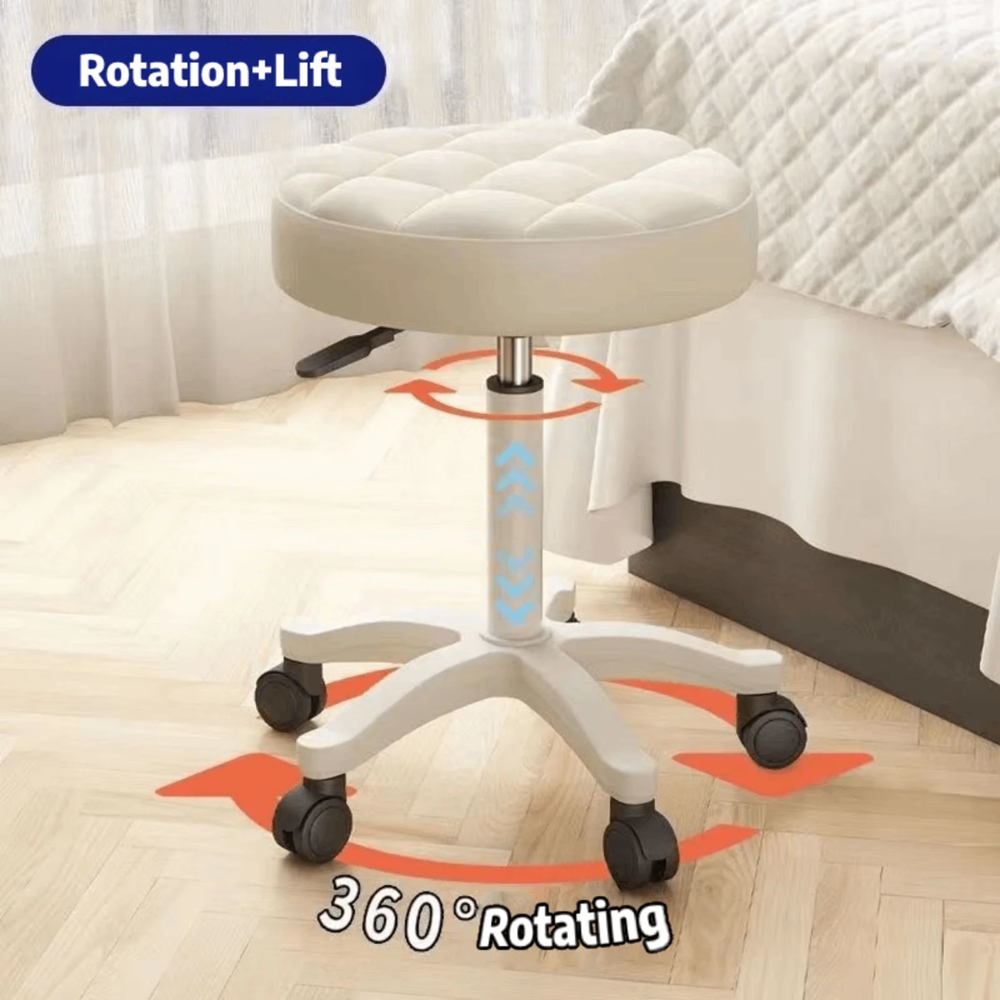No-EN-Name-Null Commercial Grade Round Shaped Beige PU Leather Sponge Cushion Top Swivel Adjustable Height Metal Rolling 4-Wheels Adjustable Bar Stools/ Colors-Beige/White/Orange/Blue/Pink/Black